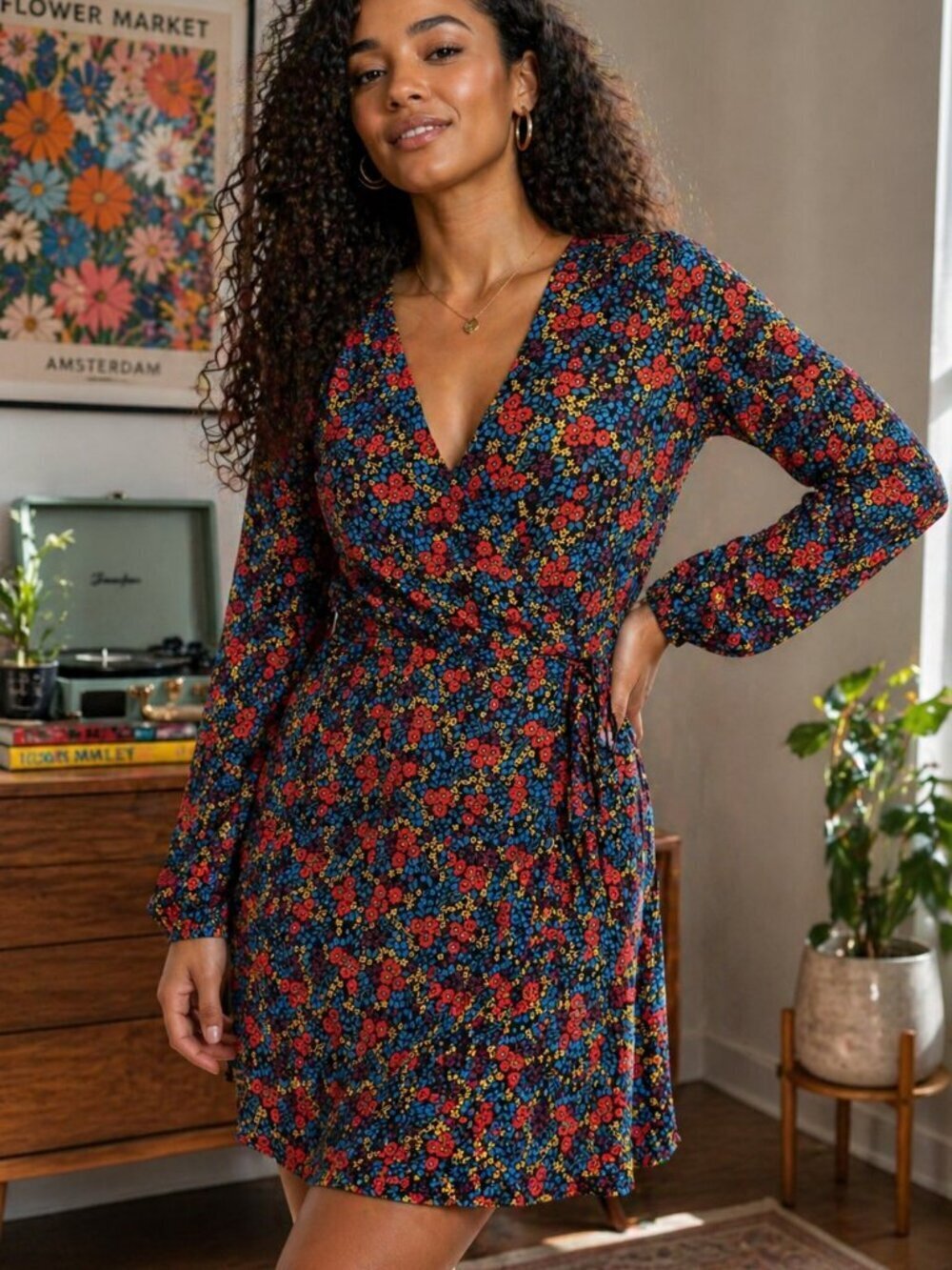 Gap Floral Wrap Mini Dress 70s Inspired Boho Long Sleeve Size L